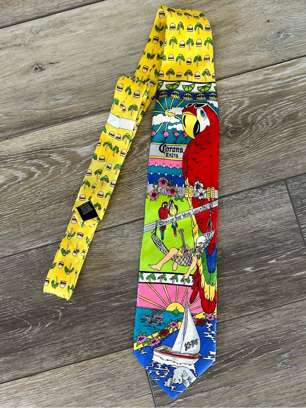 Vintage Sherry Wolf silk hamburger corona parrot tropical print tie colorful